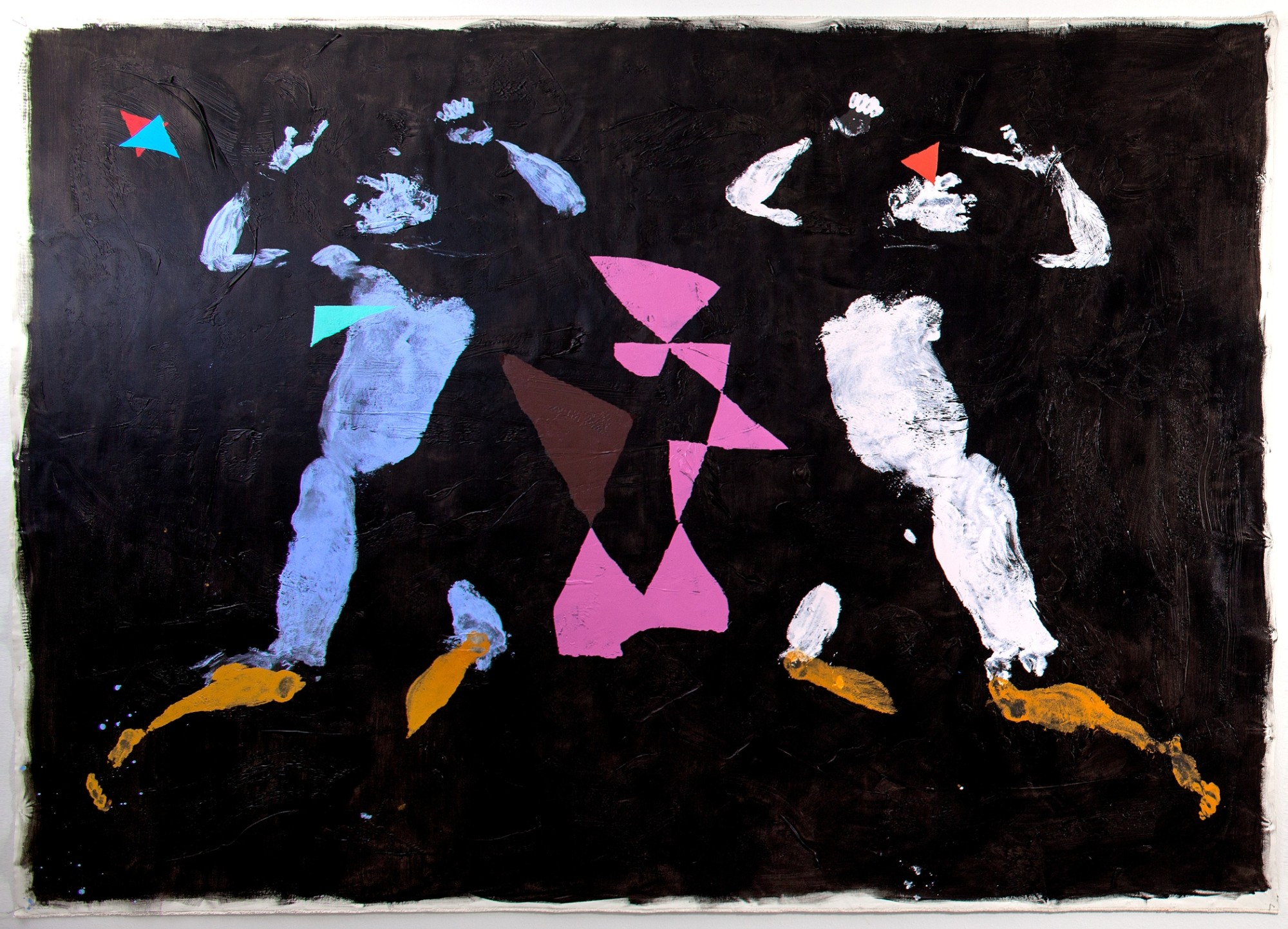 René Luckhardt, 2 figures dancing with abstract shape (black), 2013, human monotype painting, synthetic polymer acrylics on canvas, 215 x 300 cm