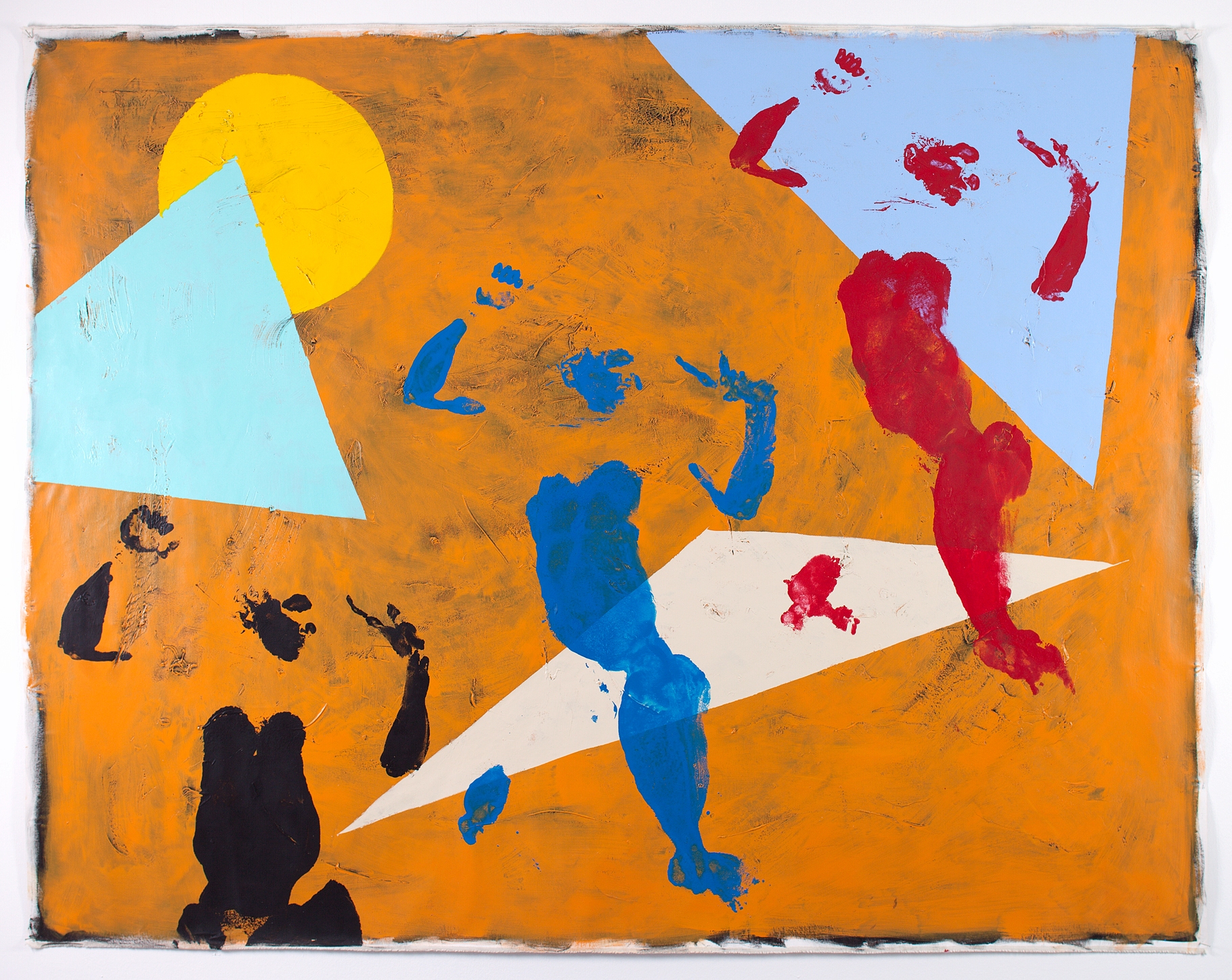 René Luckhardt, 3 figures dancing (day), 2013, human monotype painting, synthetic polymer acrylics on canvas, 215 x 300 cm