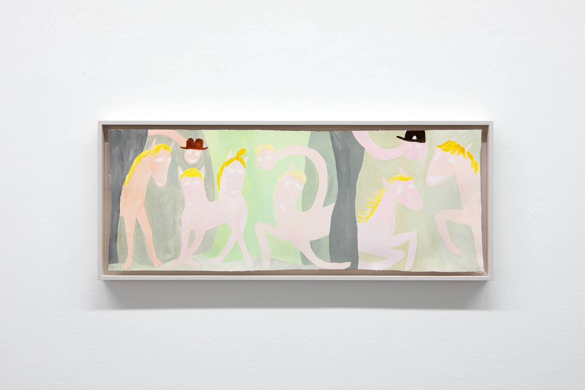 Sarah Bogner, Neue Parade, 2022, egg tempera, ink on canvas, 34 x 90 cm, framed